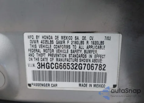 2002 Honda Accord 2.3 Lx from USA, damaged, VIN 3HGCG66532G706782